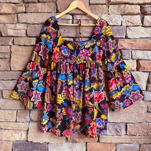 Altar State S Black Floral Babydoll Bell Slv Square Neck Boho Tunic Blouse Dress